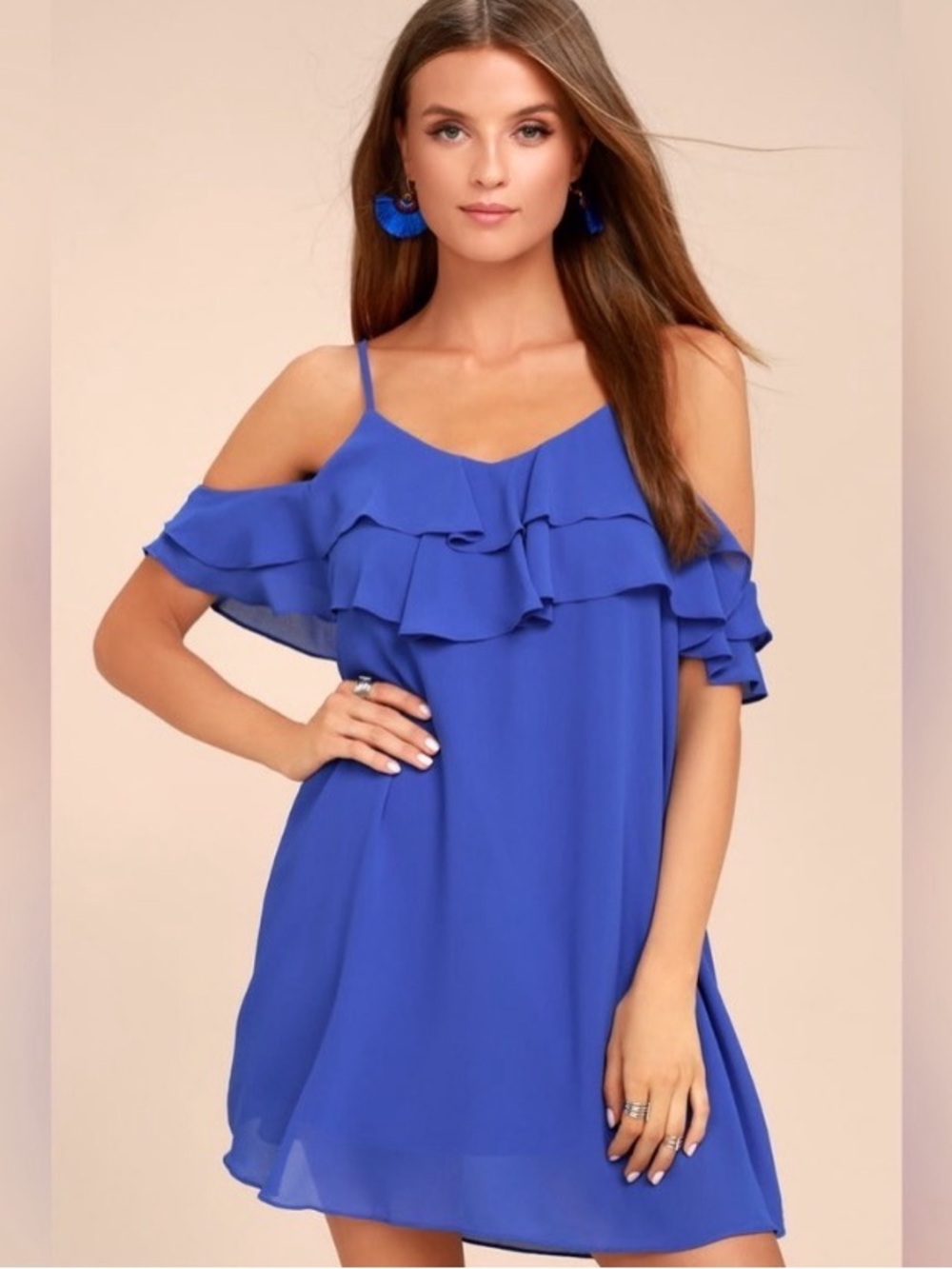 Lulu's Cobalt Blue Ruffle Cold-Shoulder Mini Dress